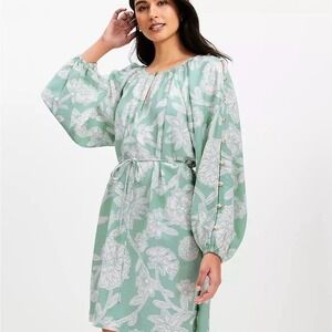 LOFT Green Floral Print Split Neck Tie Waist Long Sleeve Woven Mini Dress‎